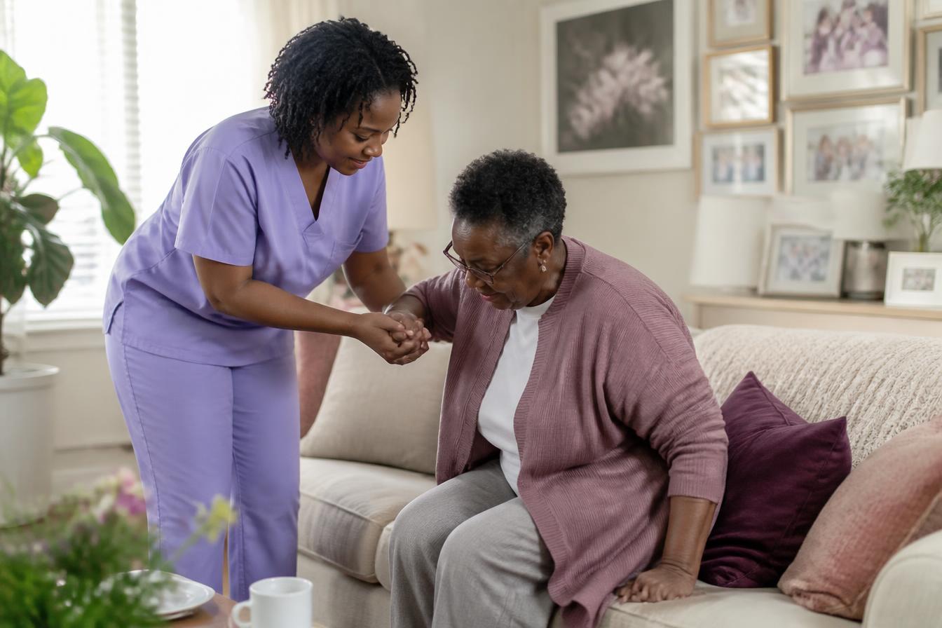 Kinder Loving Care caregiver supporting a senior client at home